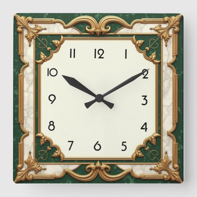 Horloge Carrée Élégant Art Déco Vert (Recto)