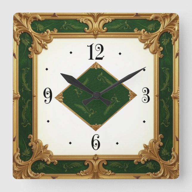 Horloge Carrée Élégant Art Déco Vert (Recto)