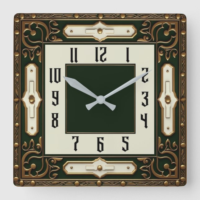 Horloge Carrée Élégant Art Déco Vert (Recto)
