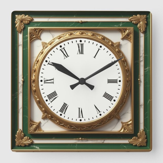 Horloge Carrée Élégant Art Déco Vert (Recto)