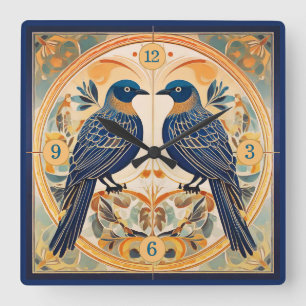 Horloge Carrée Élégant Art Nouveau Oiseaux Pat#22 Blue Peach ID10