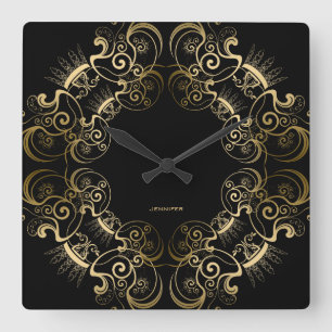Horloge Carrée Elegant Black & Gold Floral Frame