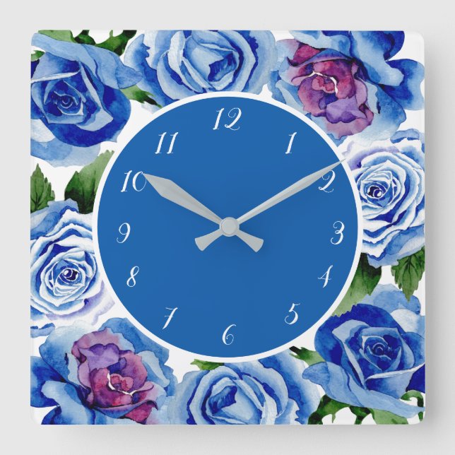 Horloge Carrée Elégant bleu Rose Floral Décor (Recto)
