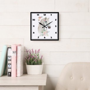 Horloge Carrée Élégant Boho Cheval Blanc Floral