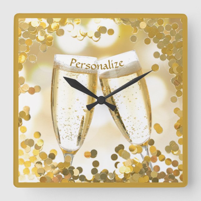 Horloge Carrée Elegant Champagne Glasses Celebrate Gold Confeti (Recto)