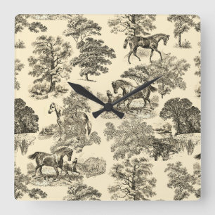 Horloge Carrée Élégant Cheval Rustique Arbres Beige Tan Toile