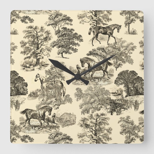 Horloge Carrée Élégant Cheval Rustique Arbres Beige Tan Toile (Recto)
