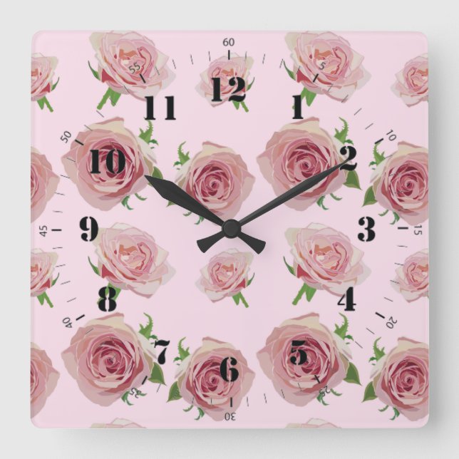 Horloge Carrée Elegant classic rose rose rose rose flower pattern (Recto)