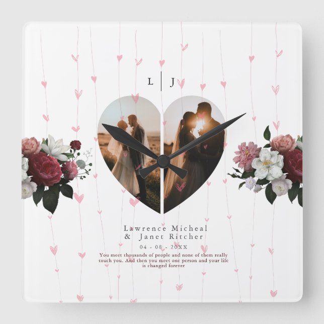 Horloge Carrée Élégant Coeur Blanc Façonné Photo Personnalisée Po (Recto)