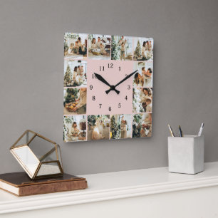 Horloge Carrée Élégant Collage Photo Famille Blush Keepsaké rose