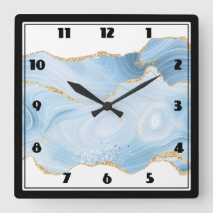 Horloge Carrée Elégant Cool Bleu Agate et Parties scintillant Or 