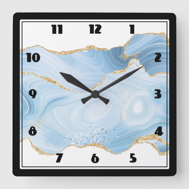 Horloge Carrée Elégant Cool Bleu Agate et Parties scintillant Or  (Recto)