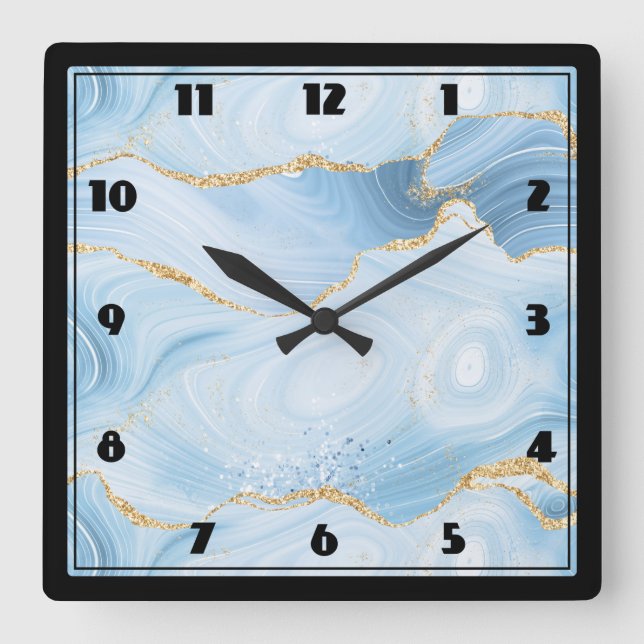 Horloge Carrée Elégant Cool Blue Agate et Parties scintillant or (Recto)
