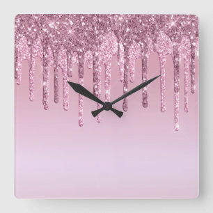 Horloge Carrée Élégant élégant rose rose rose parties scintillant