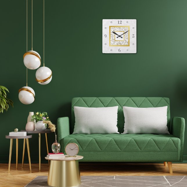 Horloge Carrée Elégant Faux Blanc Marbre Or Monogramme en Cuir (Créateur téléchargé)