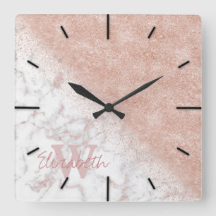 Horloge Carrée Élégant faux rose en or confetti image en marbre b