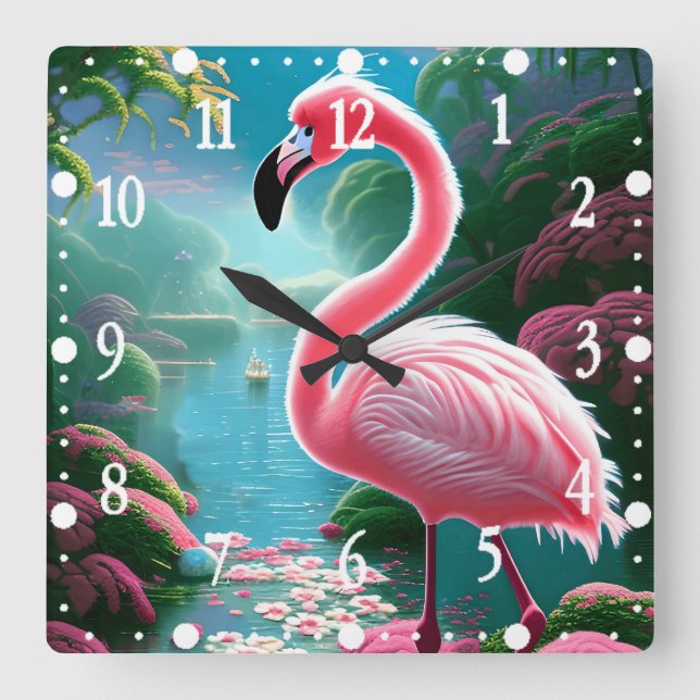 Horloge Carrée Élégant Flamant rose tropical-70852 (Recto)