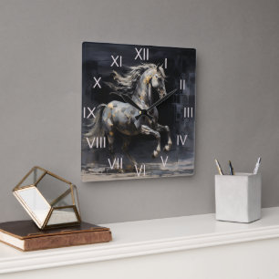 Horloge Carrée Elégant Gris Abstrait avec Cheval baroque d'or