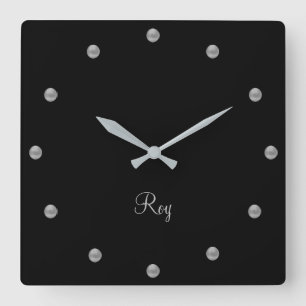 Horloge Carrée Élégant gris argent sur noir
