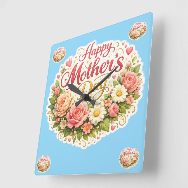 Horloge Carrée Elegant happy Mother's Day floral wreath (Angle)