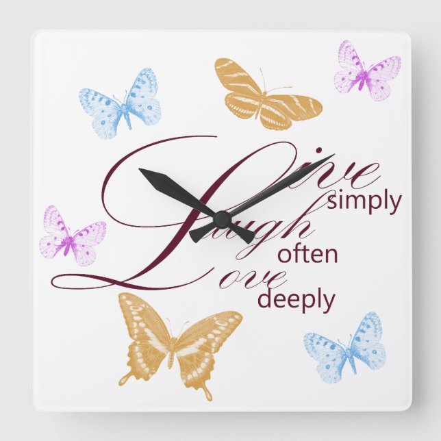 Horloge Carrée Elegant Live Laugh Love Butterflies (Recto)