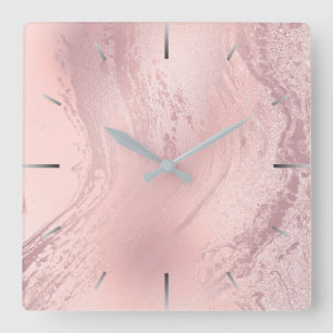 Horloge Carrée Elégant marbre de parties scintillant rose rose él