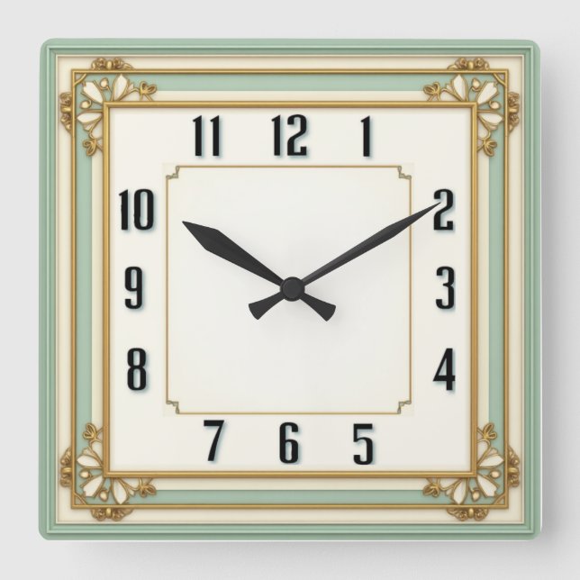 Horloge Carrée Élégant Menthe Art Déco (Recto)