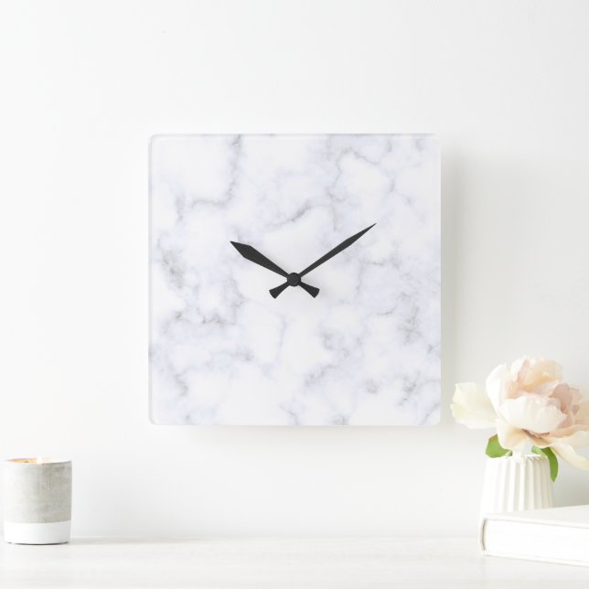 Horloge Carrée Elegant Modern White Marble (Maison)