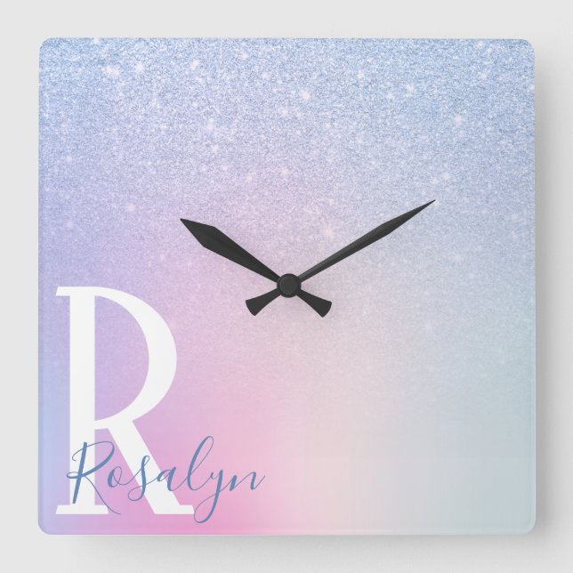 Horloge Carrée Elégant moderne design ombre bleu parties scintill (Recto)