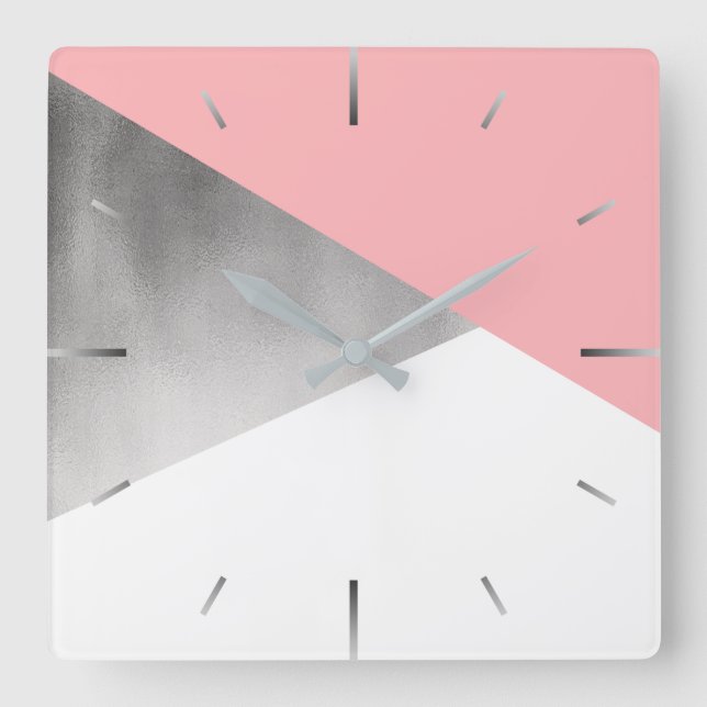 Horloge Carrée élégant moderne faux argent rose pâle (Recto)