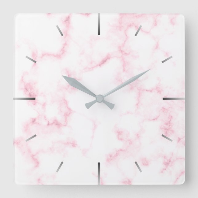Horloge Carrée élégant moderne pastel rose et blanc faux marbre (Recto)