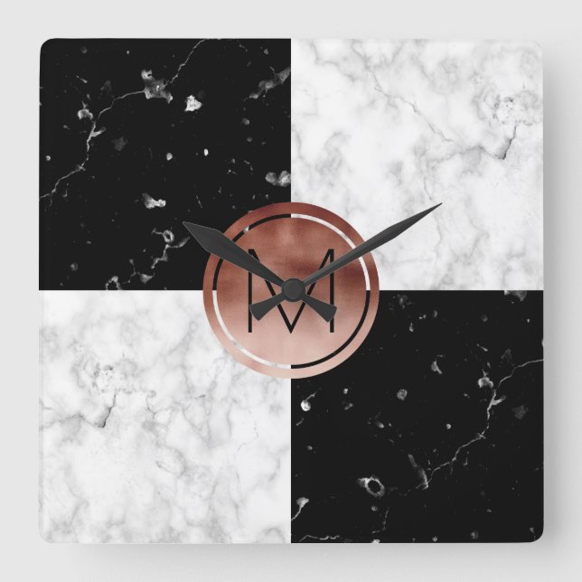 Horloge Carrée Elegant monogram rose gold black marble (Recto)