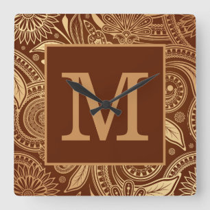 Horloge Carrée Élégant Monogramme or Paisley Vintage Bourgogne
