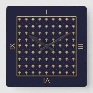 Horloge Carrée Elegant Navy Blue et Gold Damask