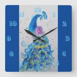 Horloge Carrée Elégant Peacock Aquarelle Oiseaux Marine Bleu