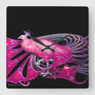 HORLOGE CARRÉE ÉLÉGANT PEACOCK EN FUCHSIE ROSE ET NOIR