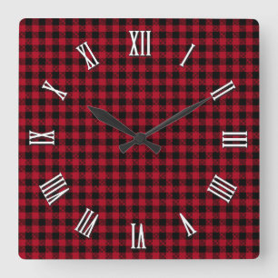 Horloge Carrée Élégant plaid de buffle rouge et noir, à damiers