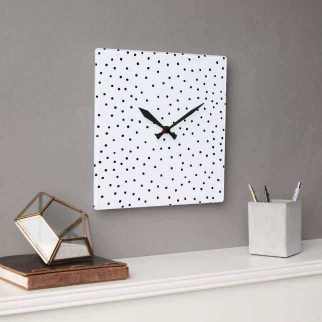 Horloge Carrée Elégant pois simple noir blanc aquarelle (Bureau)