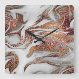 Horloge Carrée Elégant rose en cuivre moderne or blanc marbre
