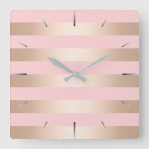 Horloge Carrée Élégant rose moderne poule doré rose rayé