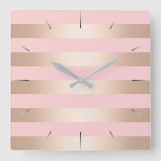Horloge Carrée Élégant rose moderne poule doré rose rayé