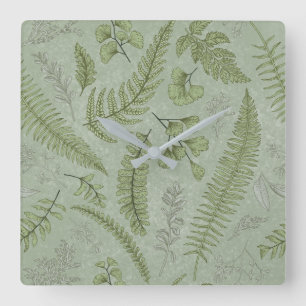 Horloge Carrée Elégant Sage Vert Aquarelle Floral