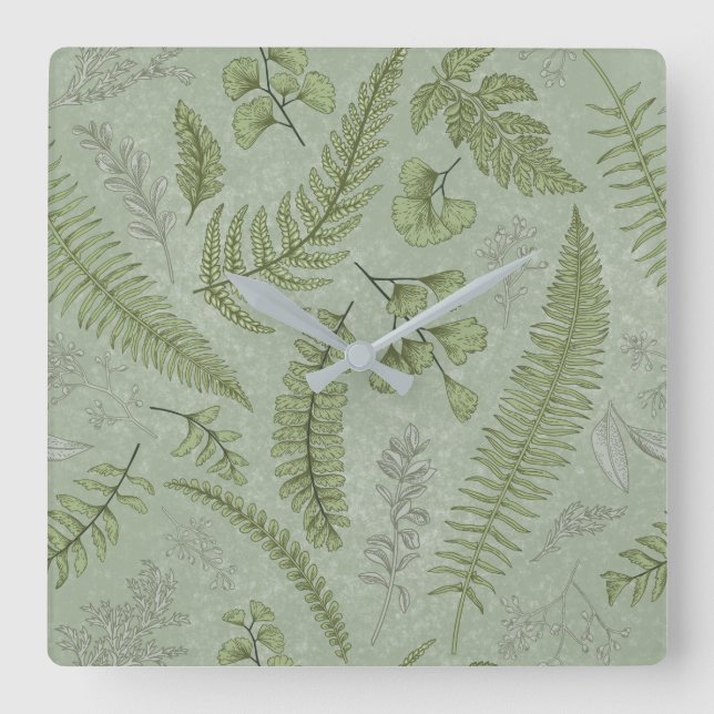 Horloge Carrée Elégant Sage Vert Aquarelle Floral (Recto)