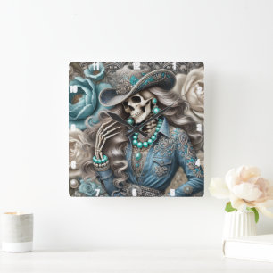 Horloge Carrée Elégant Skeleton Portrait Floral Arrière - plan