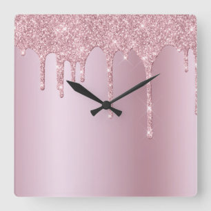 Horloge Carrée Elegant stylish pink rose gold glitter drips