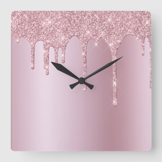 Horloge Carrée Elegant stylish pink rose gold glitter drips (Recto)