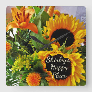 Horloge Carrée Elegant Sunflower, Lily Happy Place Fall Bouquet