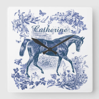 Horloge Carrée Elegant Vintage Blue Horse Country Toile Name