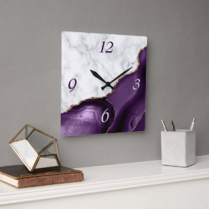 Horloge Carrée Élégant violet Agate Parties scintillant or marbre