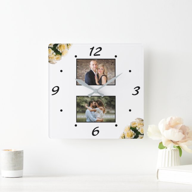 Horloge Carrée Elegant Yellow Roses Couple 2 Photo Collage  (Maison)